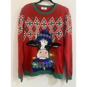 Holiday Time Womens Large Light-Up‎ Ugly Christmas Sweater Red Green Cow